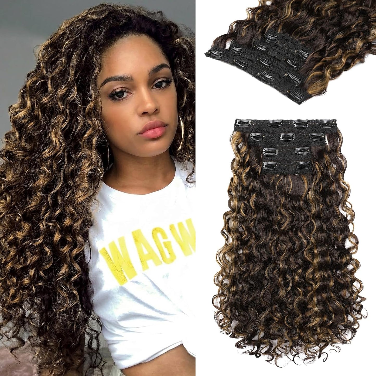 Curly Hair Extensions - 4PCS 18" GoGo Curly Clip-Ins | 100% Protein Hairpieces, Honey Blonde Highlights