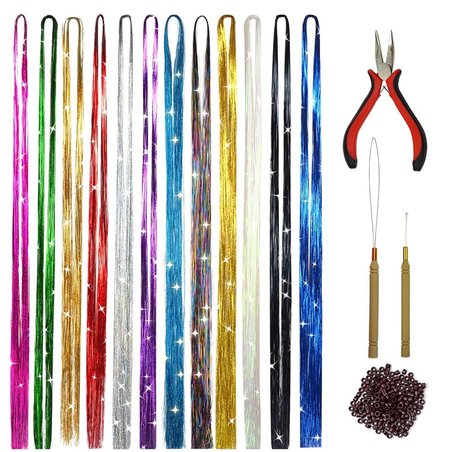 Colorful Glitter Hair Tinsel Set 47 Inch 12 Colors 2400 Strands, Shiny Fairy Hair Extensions with Tools for Women Girls Daily and Party Hairstyling