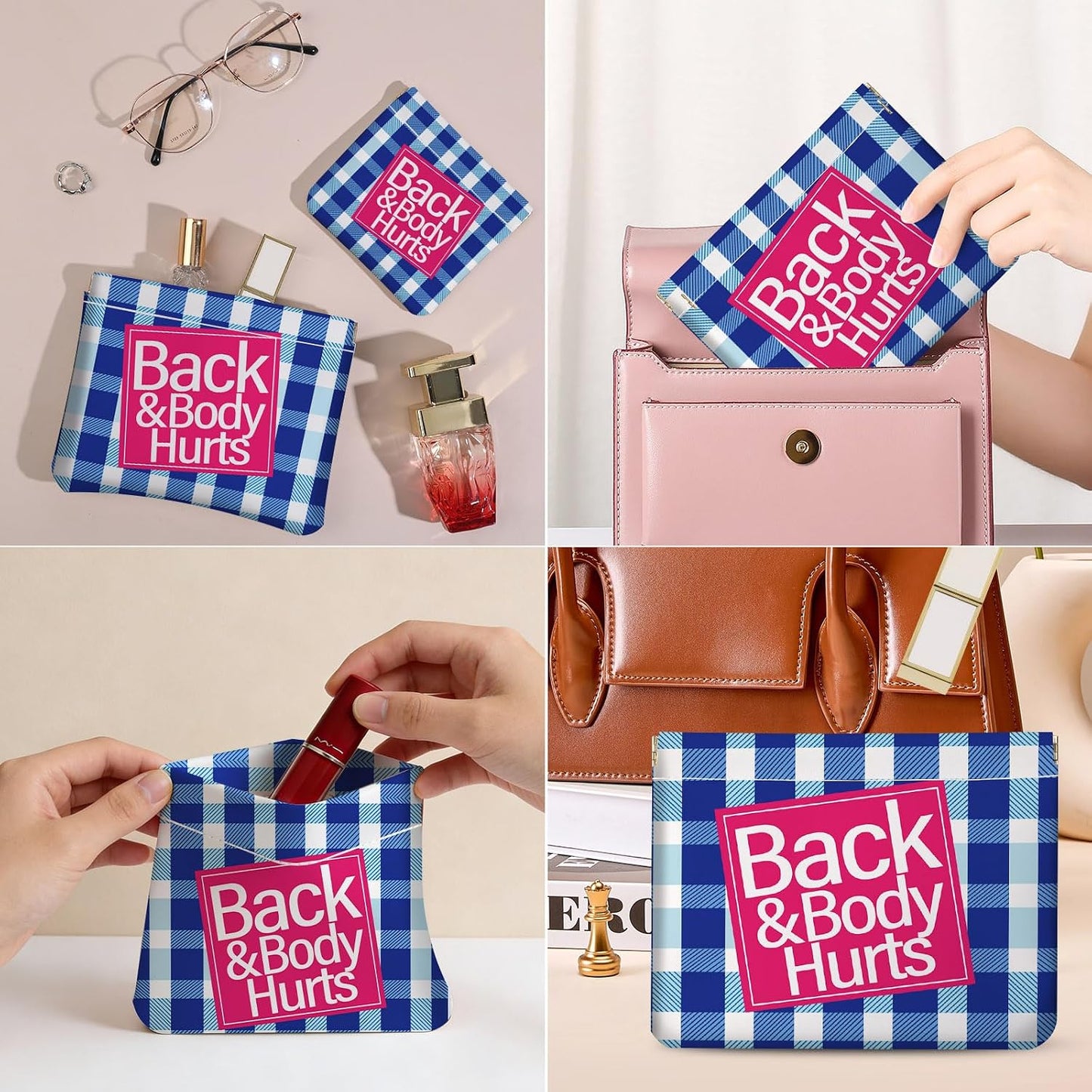 Makeup Bag Set - 2 PCS PU Leather Cosmetic Organizer | Portable Self-Closing Pouch for Women - Blue Checkered Pattern