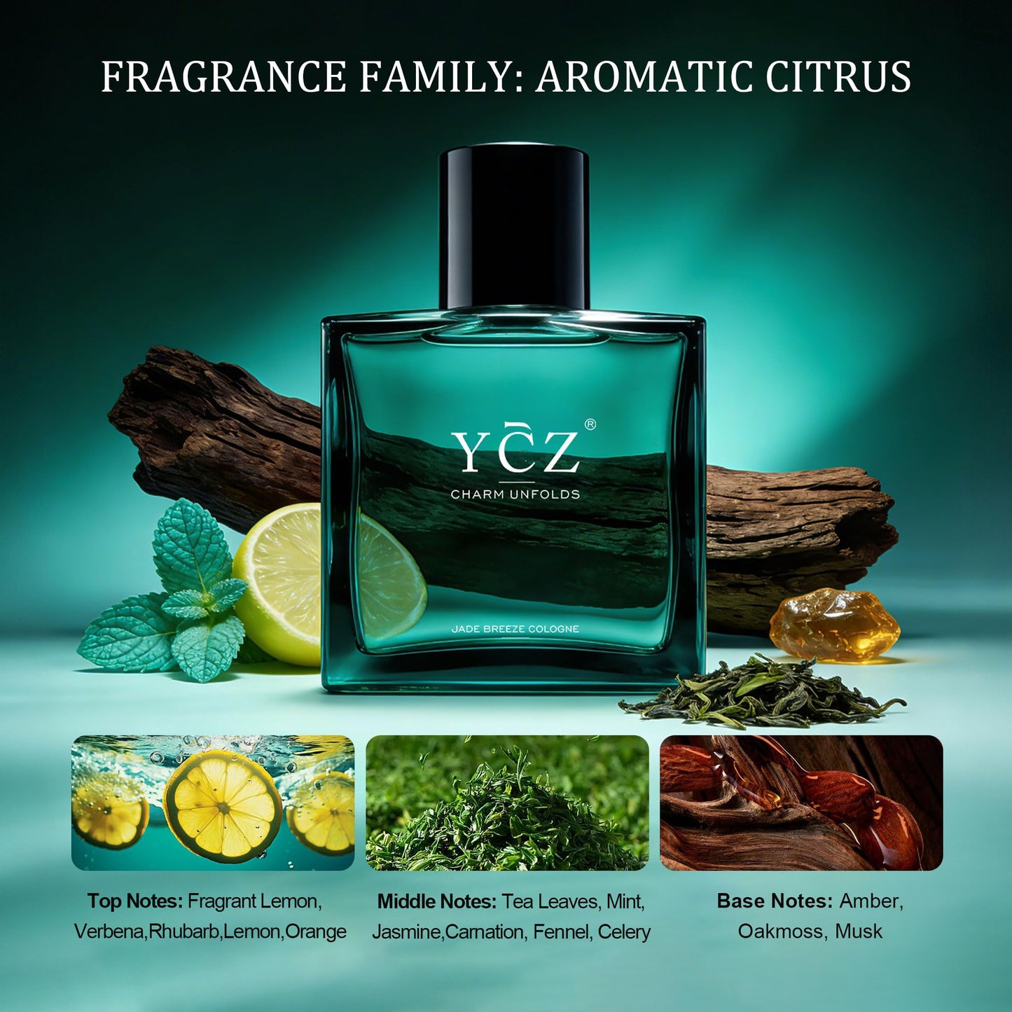 YCZ JADE BREEZE Cologne for Men – Aromatic Citrus Fragrance with Lemon, Verbena & Fresh Tea Notes, Amber & Musk Base, Long-Lasting Eau de Parfum Showcasing Unique Taste for Daily Wear, Office & Casual