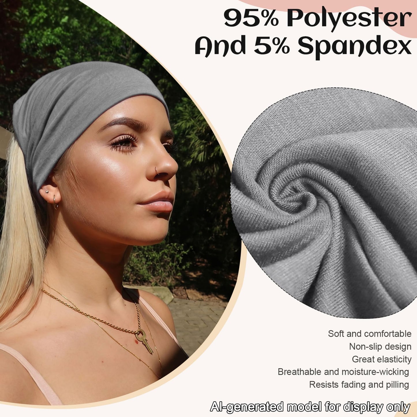 WENNKINN 7-Inch Wide Headbands for Women – 3 Pack Soft Thick Turban Hair Bands, Bandana-Style Head Wraps for Workout Yoga Sleep, Fashion Accessories with 6 Pcs Hair Ties-Ash, White, Black