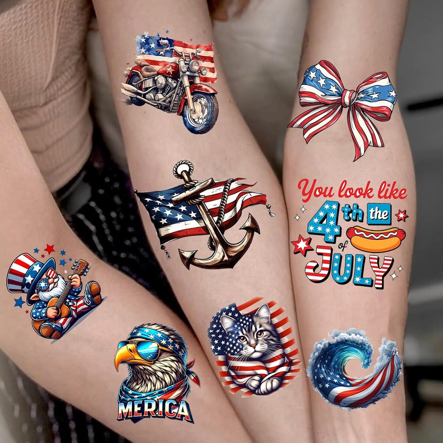 Fourth of July Temporary Tattoos - 49 PCS American Patriotic Stickers | Red, White & Blue USA Flag Designs