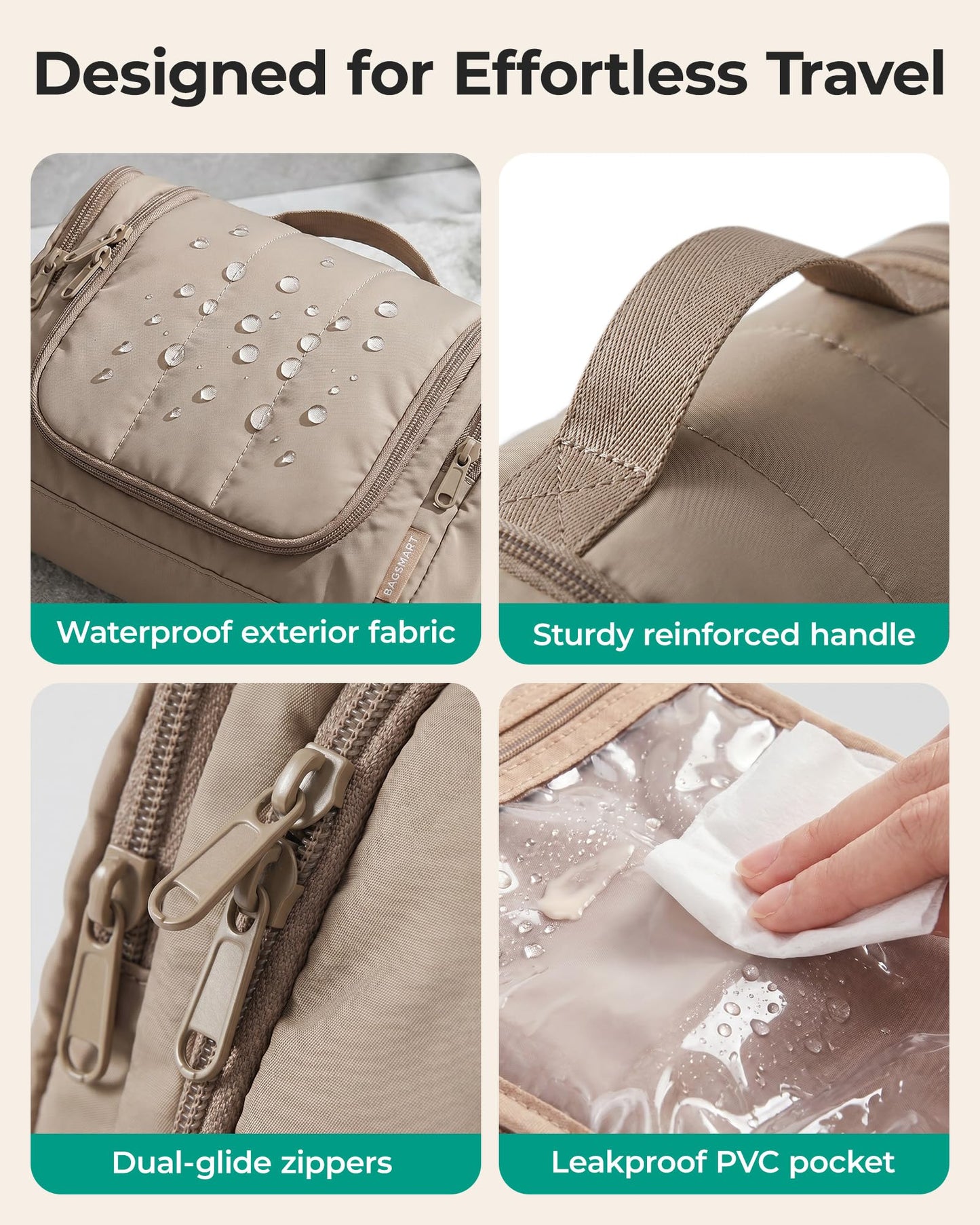 BAGSMART Travel Toiletry Bag for Women, Puffy Hanging Toiletry Bag with Hook, Water-resistant Toiletry Organizer for Full Sized Toiletries (Brown)