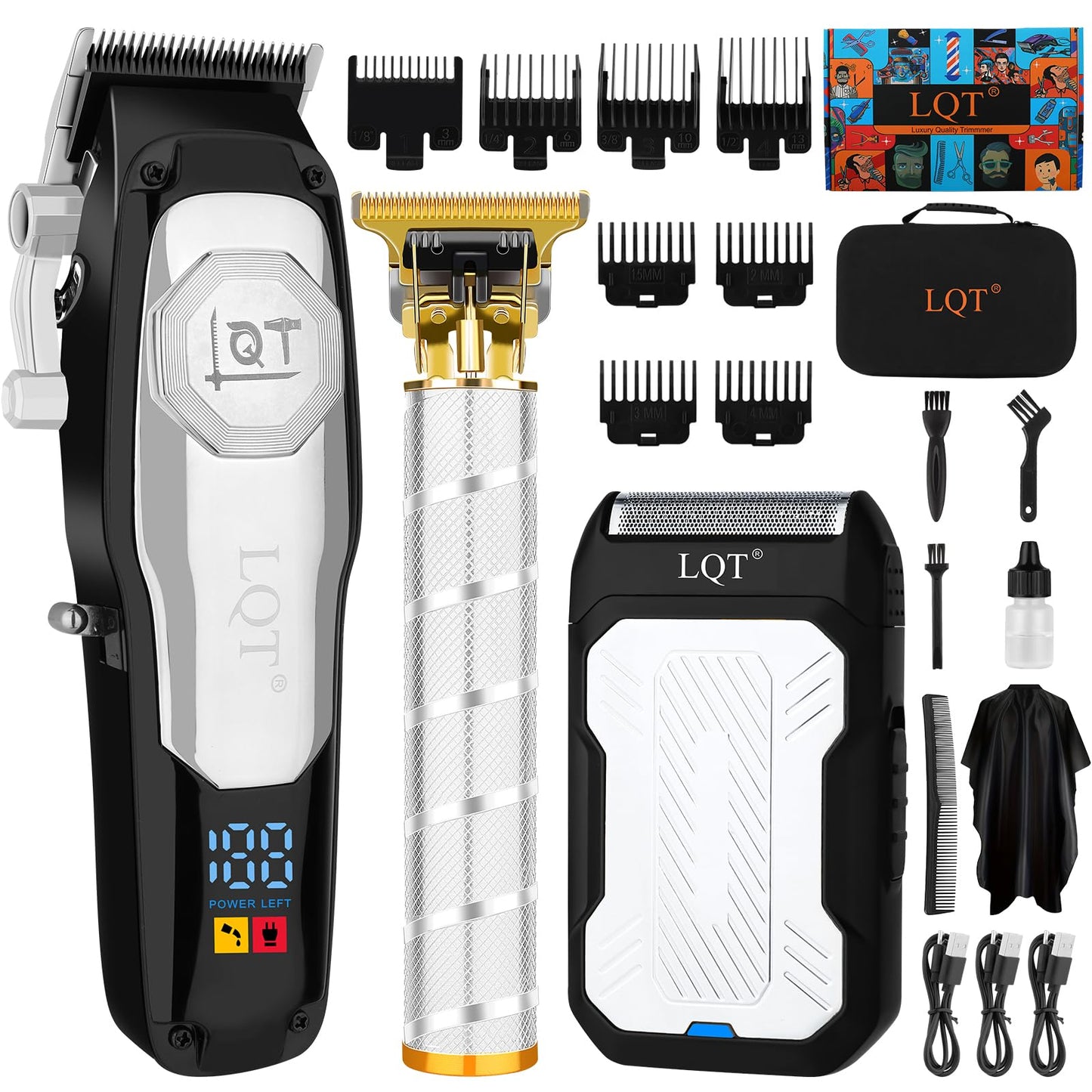 LQT Professional Cordless Hair Clippers and Beard Trimmer Set for Men, LED Display & Long Battery Life,Adjustable Lever & Stainless Steel Blades, Grooming Kit for Home & Barbers, Gift for Men (Black)