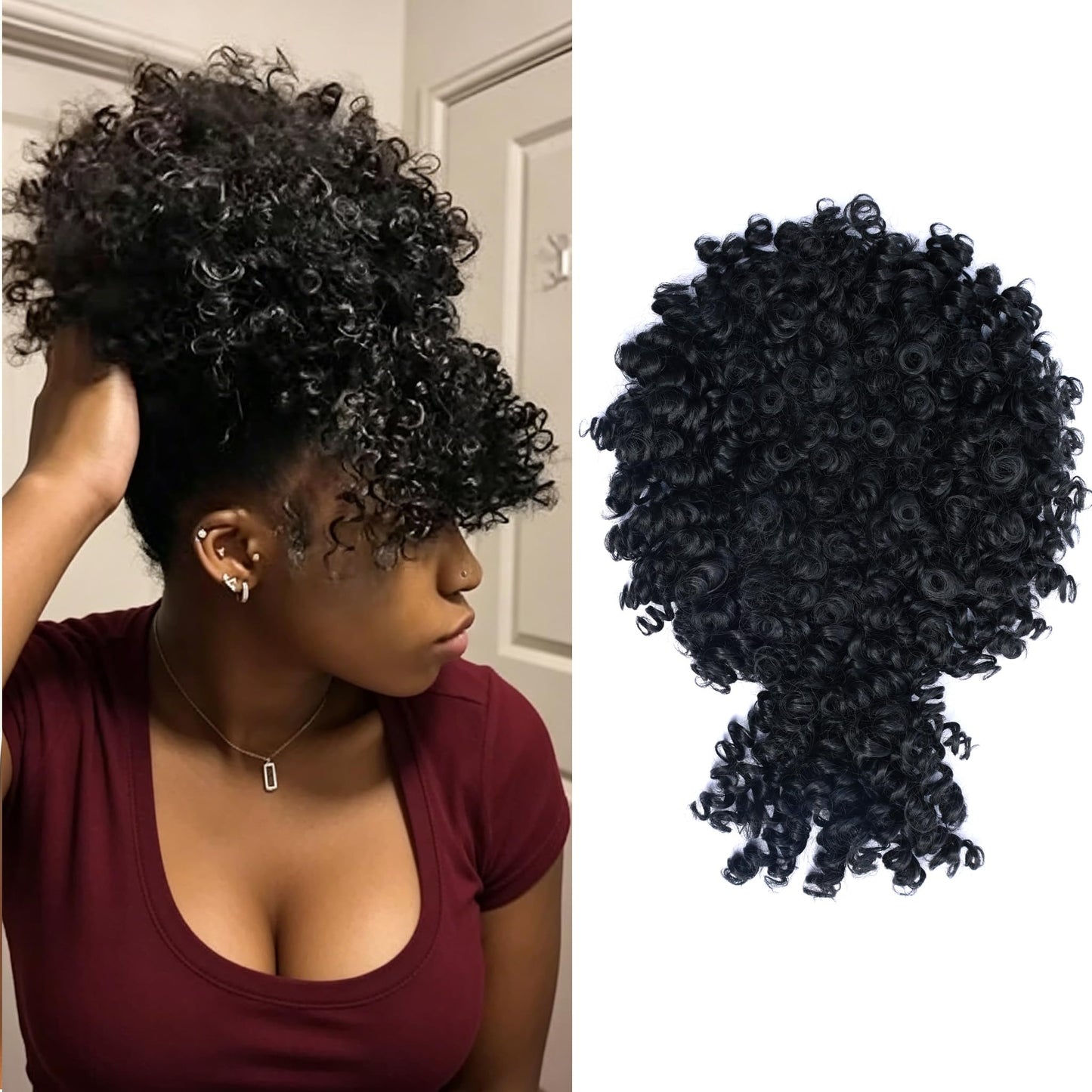 Servintha Afro Puff Drawstring Ponytail with Bangs for Black Women Kinky Curly Ponytail Extension Natural Black Short Pony Tail Hair Extension Synthetic Fake Hair Pieces 1B Color