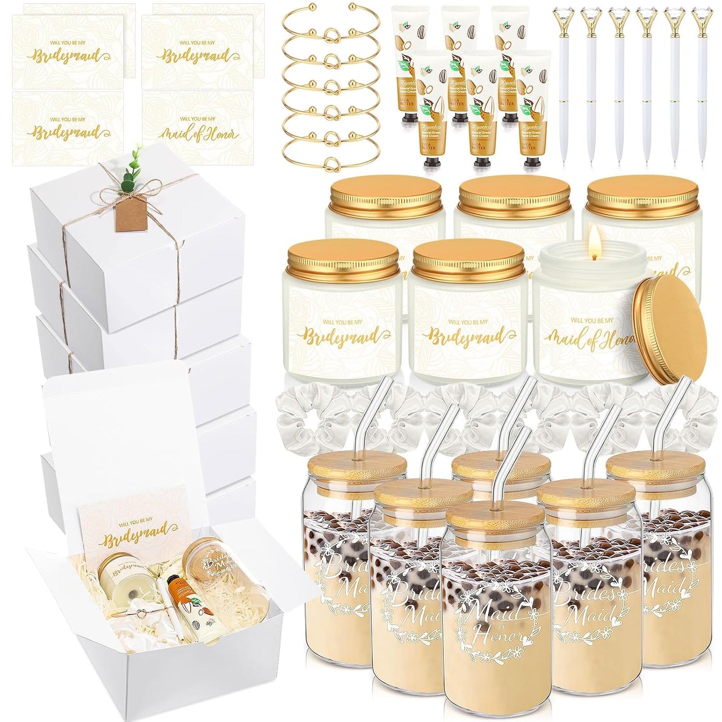 Bridesmaid Proposal Gifts Box Set - 60 Pcs Including Glass Cup, Candle, Cards & More | Black