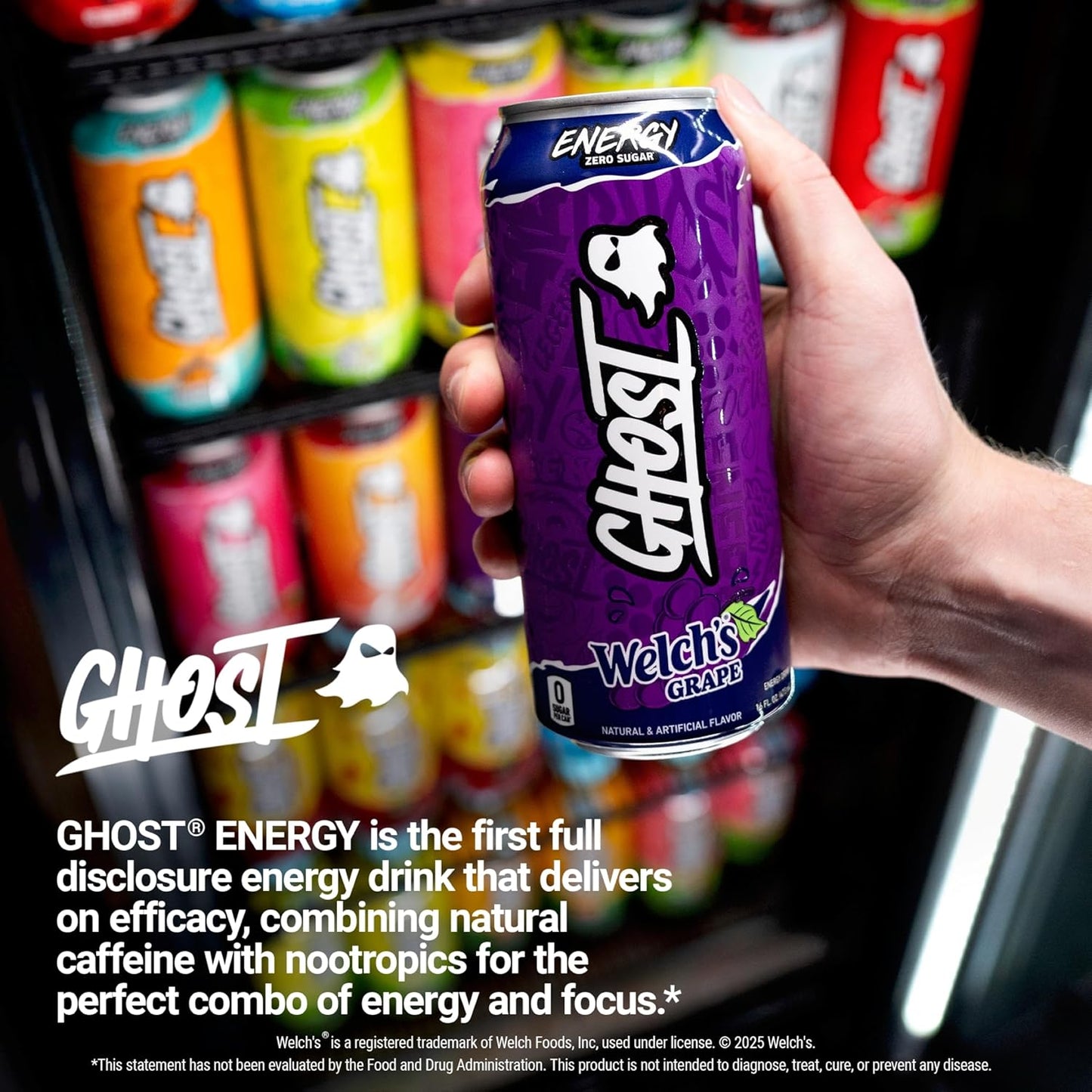 GHOST Energy Drink - 12-Pack Welch's Grape 16oz Cans | Natural Caffeine, Vegan & Gluten-Free Energy Boost