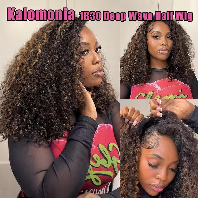 Ombre Half Wig Human Hair - Deep Wave 200% Density | 12-Inch Highlight Curly Flip Over for Black Women