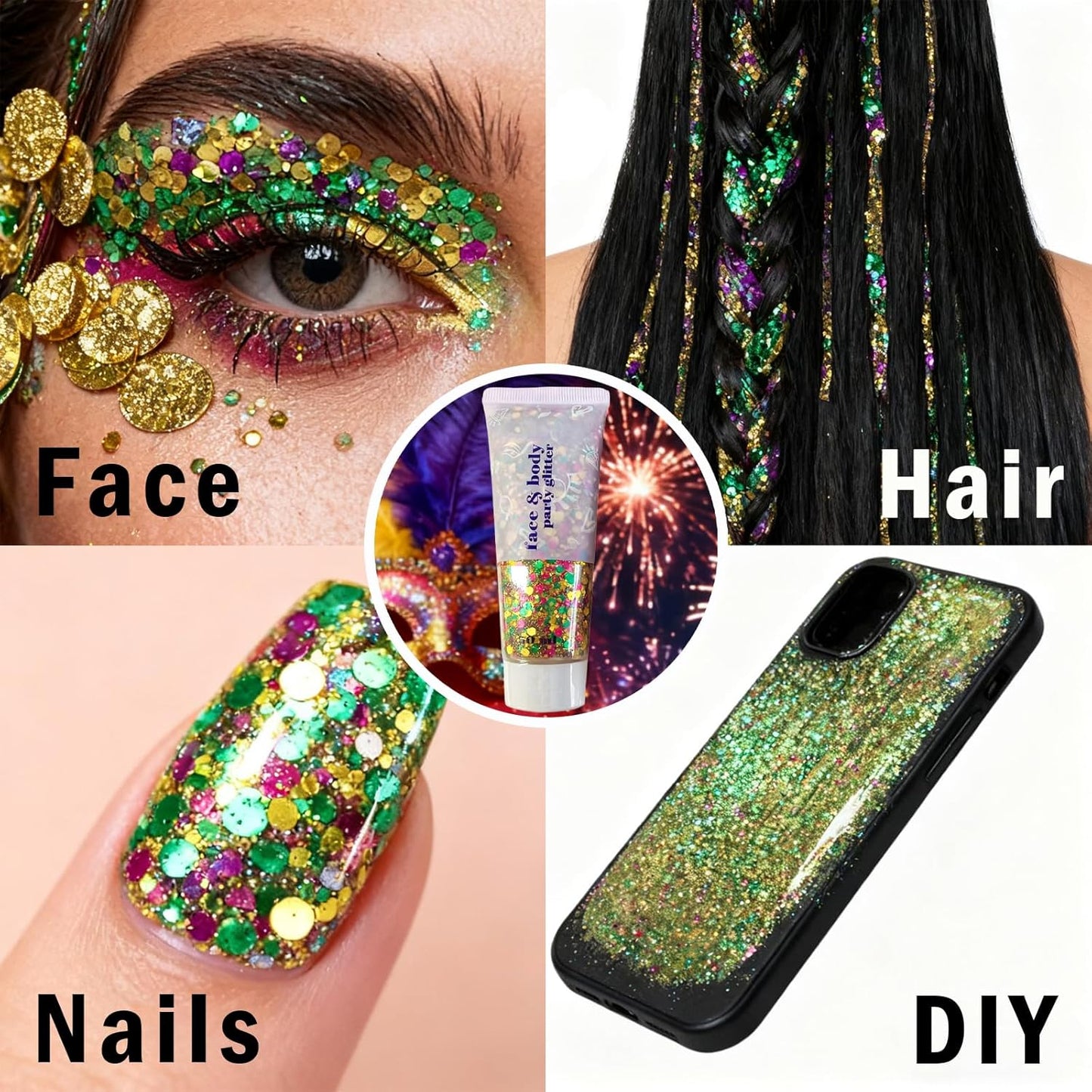 Mardi Gras Glitter Stick - Long-Lasting Face & Body Makeup | Green, Purple, Gold Sparkling Chunky Glitter for Festivals