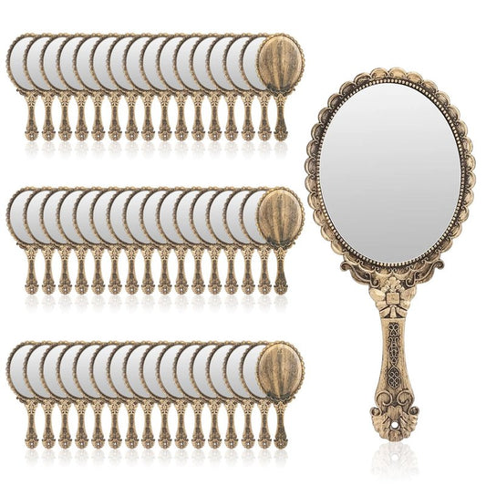 YUSONG 48 Pcs Vanity Handheld Mirror for Makeup - Vintage Princess Mirror for Women Brass Gold Embossed Flower Small Mirrors Tabletop Party Classroom