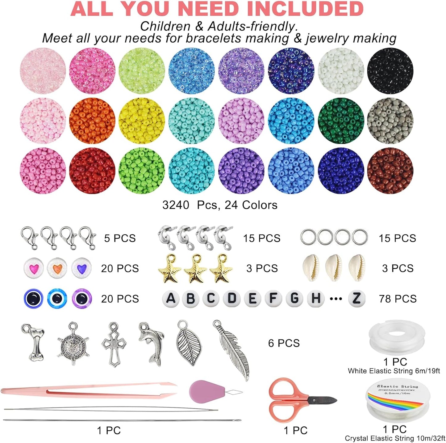 4mm Glass Seed Beads for Jewelry Making - DIY Bracelet Kit with Letter Beads & Elastic String | Perfect for Friendship & Waist Beads