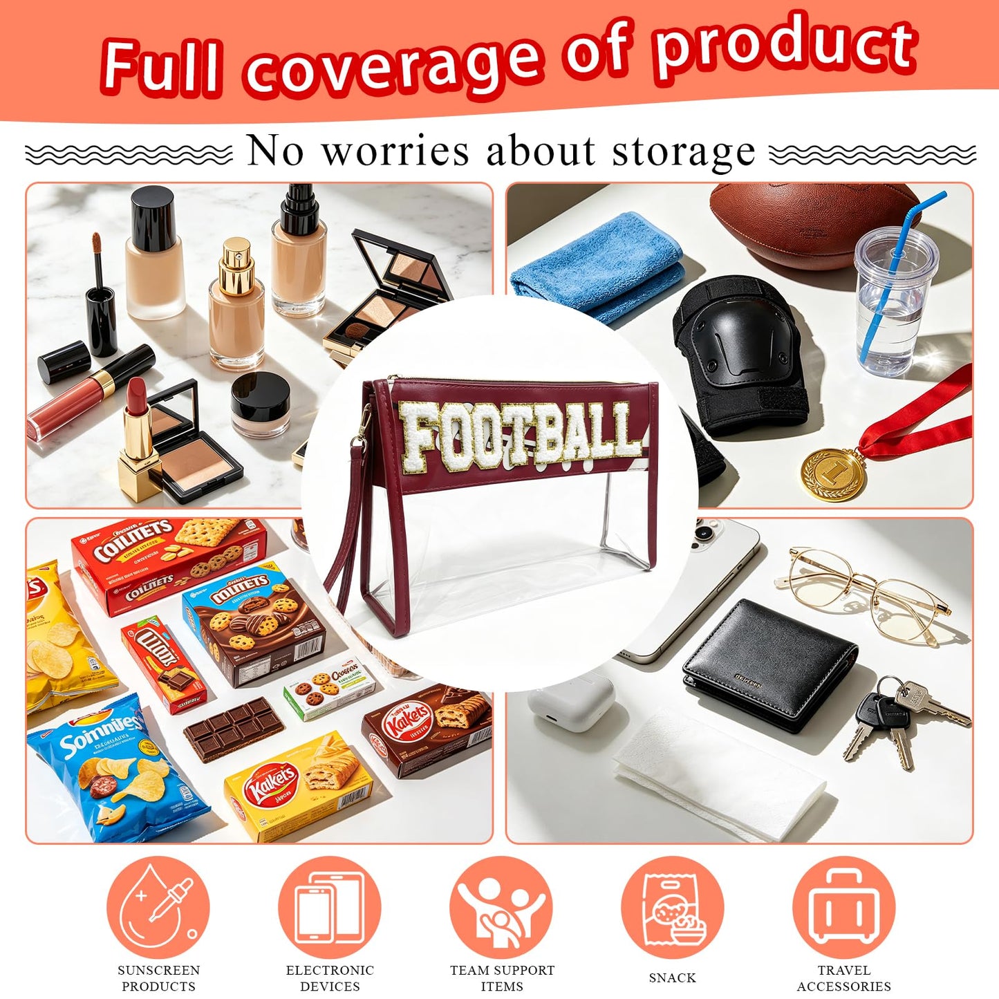 SUMINGGO Clear Stadium Bag for Women - 12x6x12 TSA Approved Clear Tote Purse for Games & Fall Season, Waterproof Large Capacity Football Mom Bag for Warm Drinks, Team Snacks & Game Day Essentials
