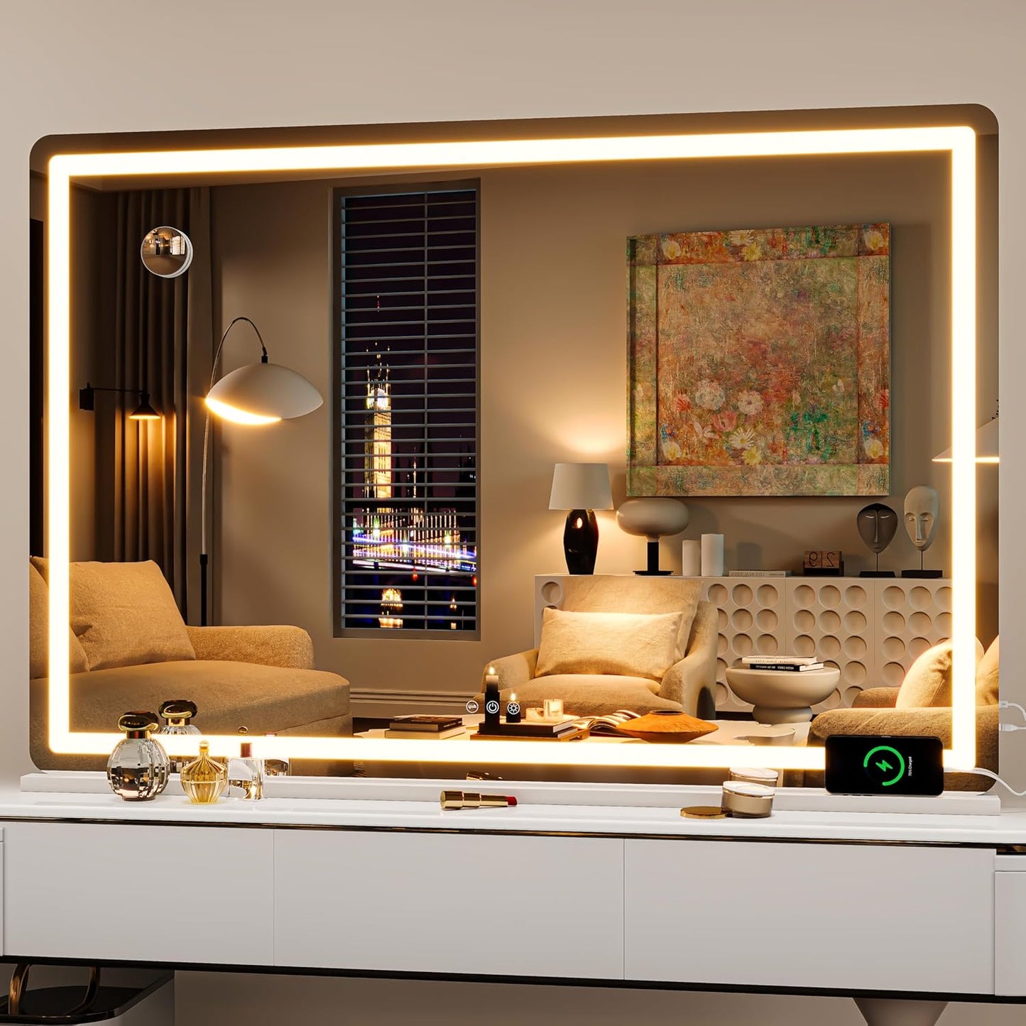 LED Makeup Mirror with Lights - 31.5" x 22" Dimmable Touch Screen Vanity Mirror | Round Black Design