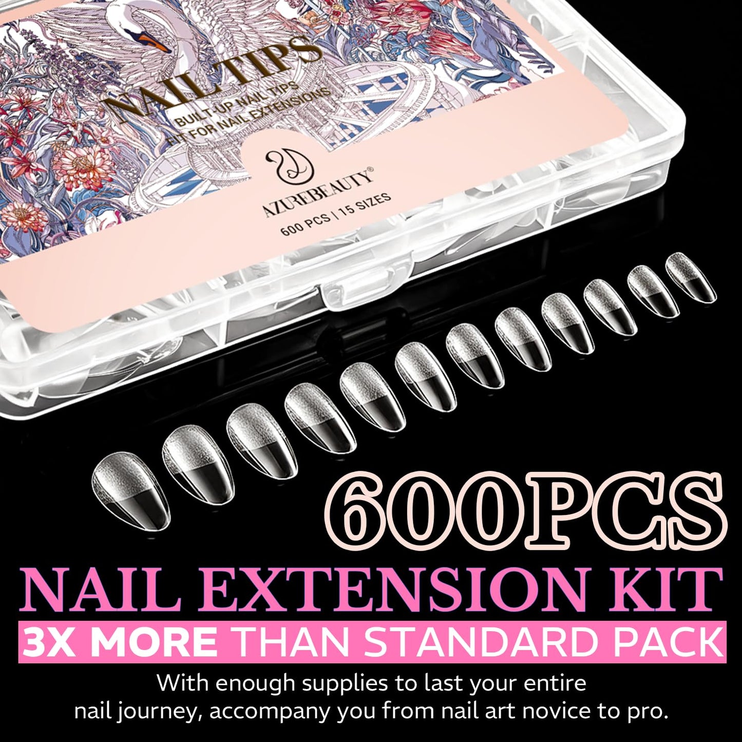 AZUREBEAUTY Extra Short Almond Nail Tips, 600pcs Pre Etched Soft Gel Nail Tips 15Sizes Acrylic Fake Nails Half Matte Full Cover Clear Press On False Nail Extensions for DIY Manicure at Home Nail Art
