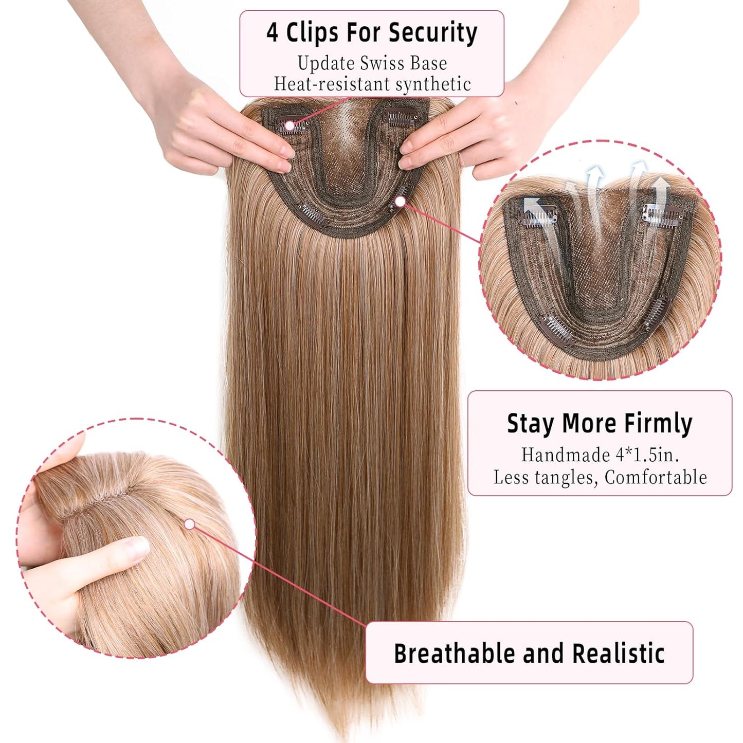 Clip-In Hair Toppers for Women - 24 Inch Straight Synthetic Hairpiece | Golden Brown & Bleach Blonde Mix