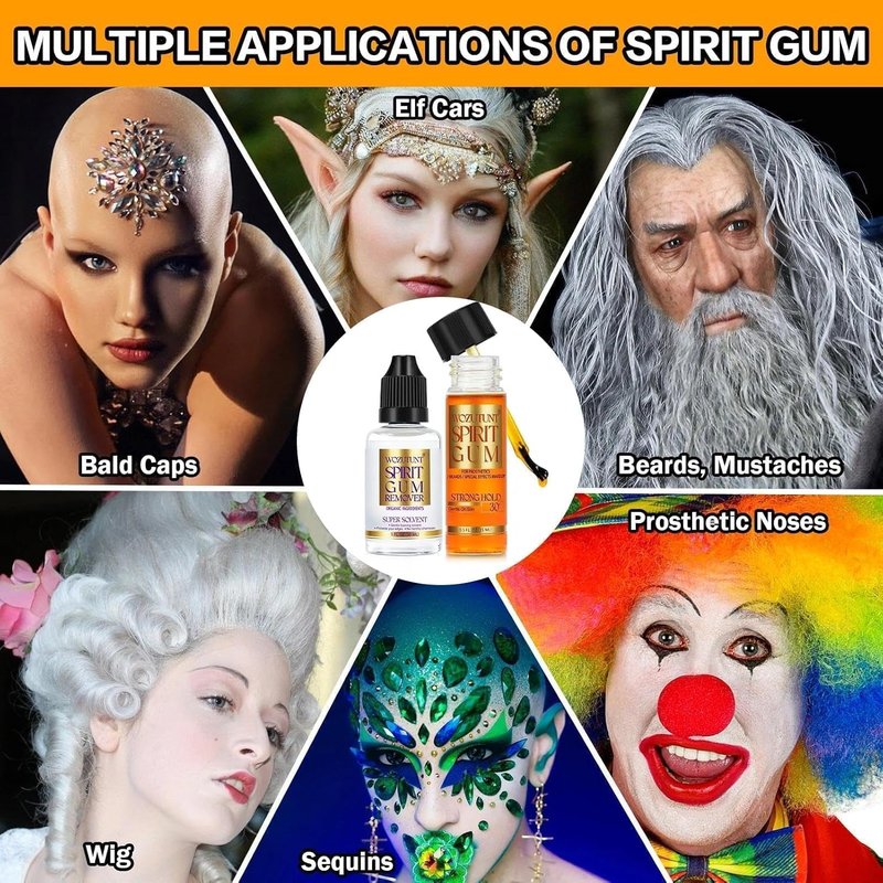 Spirit Gum Adhesive & Remover Kit - 15ml Professional Cosmetic Glue for Face, Skin, Body & SFX Makeup | Strong Hold for Bald Caps, Prosthetics, Cosplay Wigs