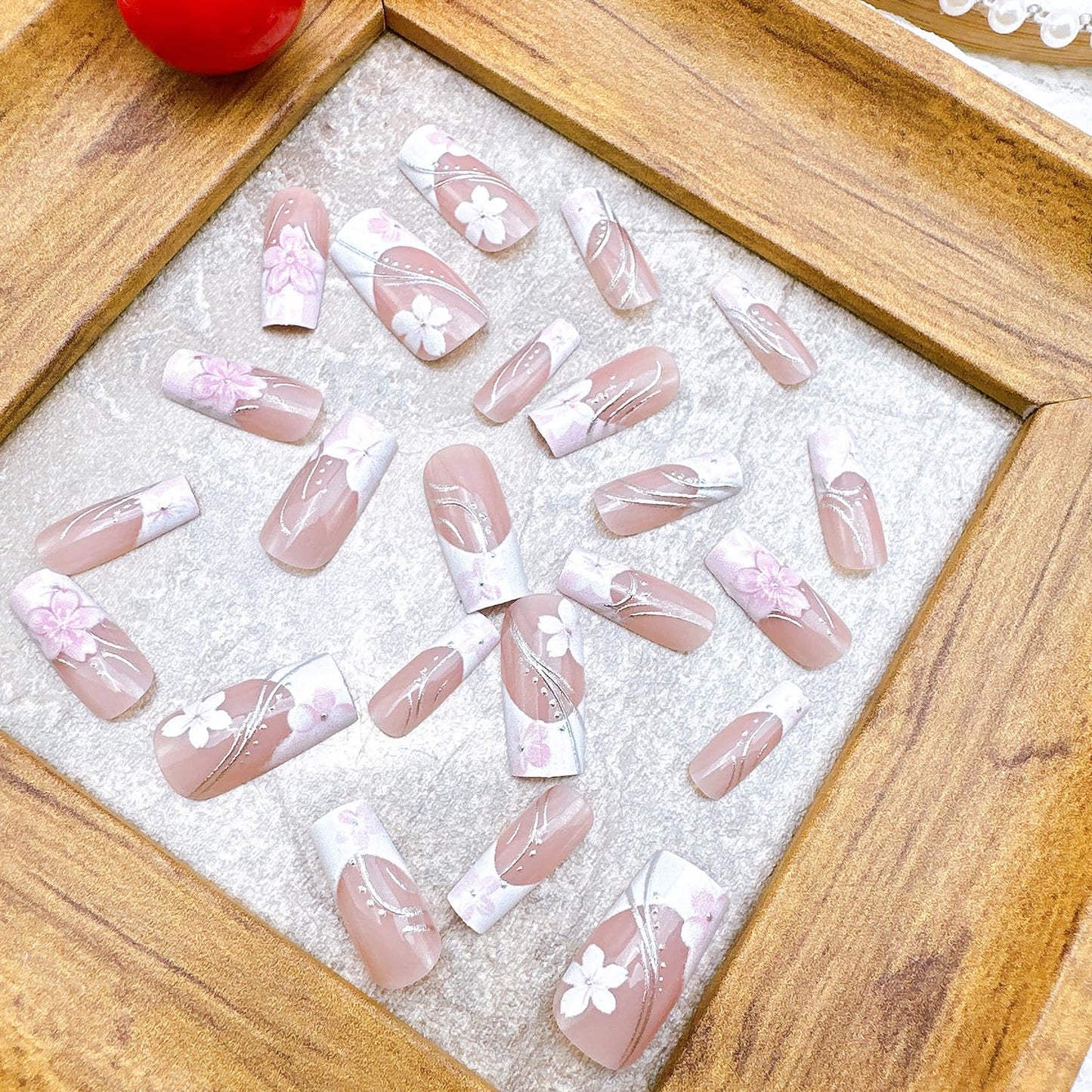 Pink Press-On Nails - 24Pcs Medium Coffin Acrylic Nails with Silver Lines & 3D Flower Design | Floral Full Cover