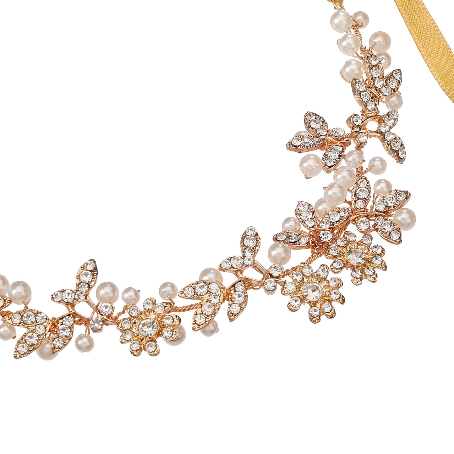 Gold Leaves & 9-Petal Crystal Flowers Pearls Bridal Hair Vine, 12.7" Handmade Wedding Headpiece, Flexible Bridal Headband with 19.5" Satin Ribbon for Bride Bridesmaid Prom Pageant Formal Events