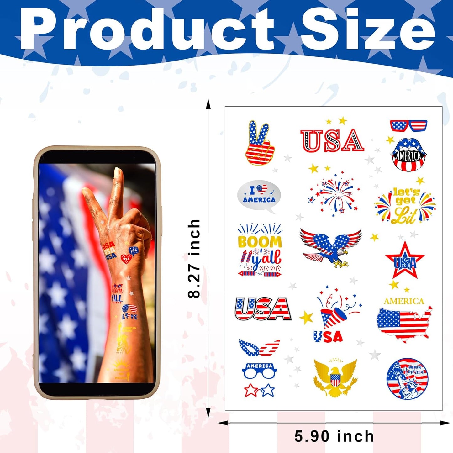 64 PCS 4th of July Temporary Tattoos - Patriotic American Flag Body Art | Red, White & Blue Designs