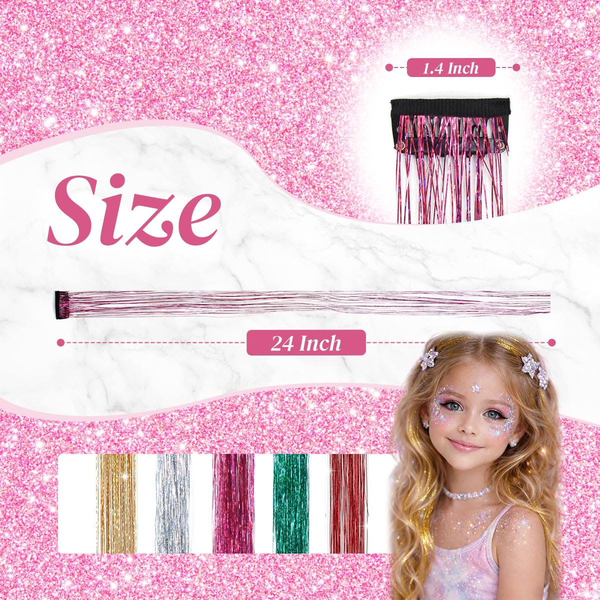 Colorful Hair Tinsel Clips - 18 Pcs 24 Inch Heat Resistant Fairy Hair Extensions | Hot Pink Glitter for Girls & Women