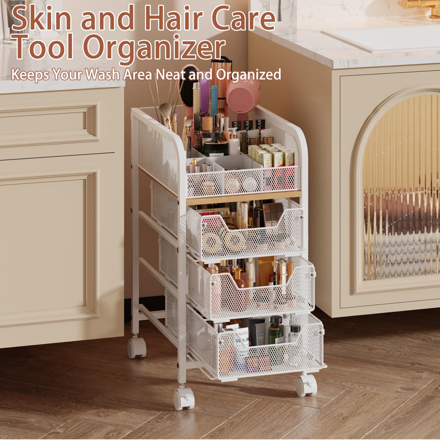 Rolling Makeup Cart Organizer with 3 Drawers, 4-Tier Narrow Floor Skincare Organizers with dividers, Vanity Organizer Cosmetics Display Cases for Makeup Brush, Hair Tool, White