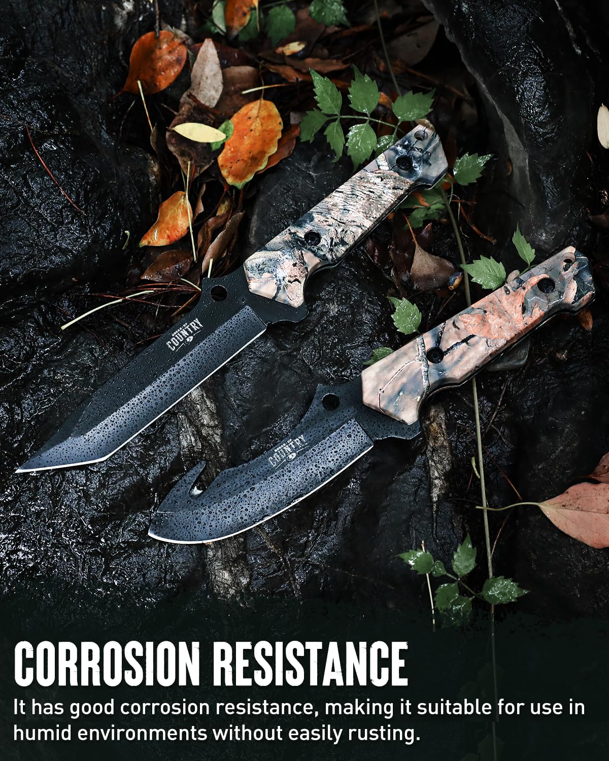 MOSSY OAK Fixed Blade Hunting Knife Set - 2 Piece, Full Tang Handle Straight Edge and Gut Hook Blades Game Processing Knife, Sheath Included