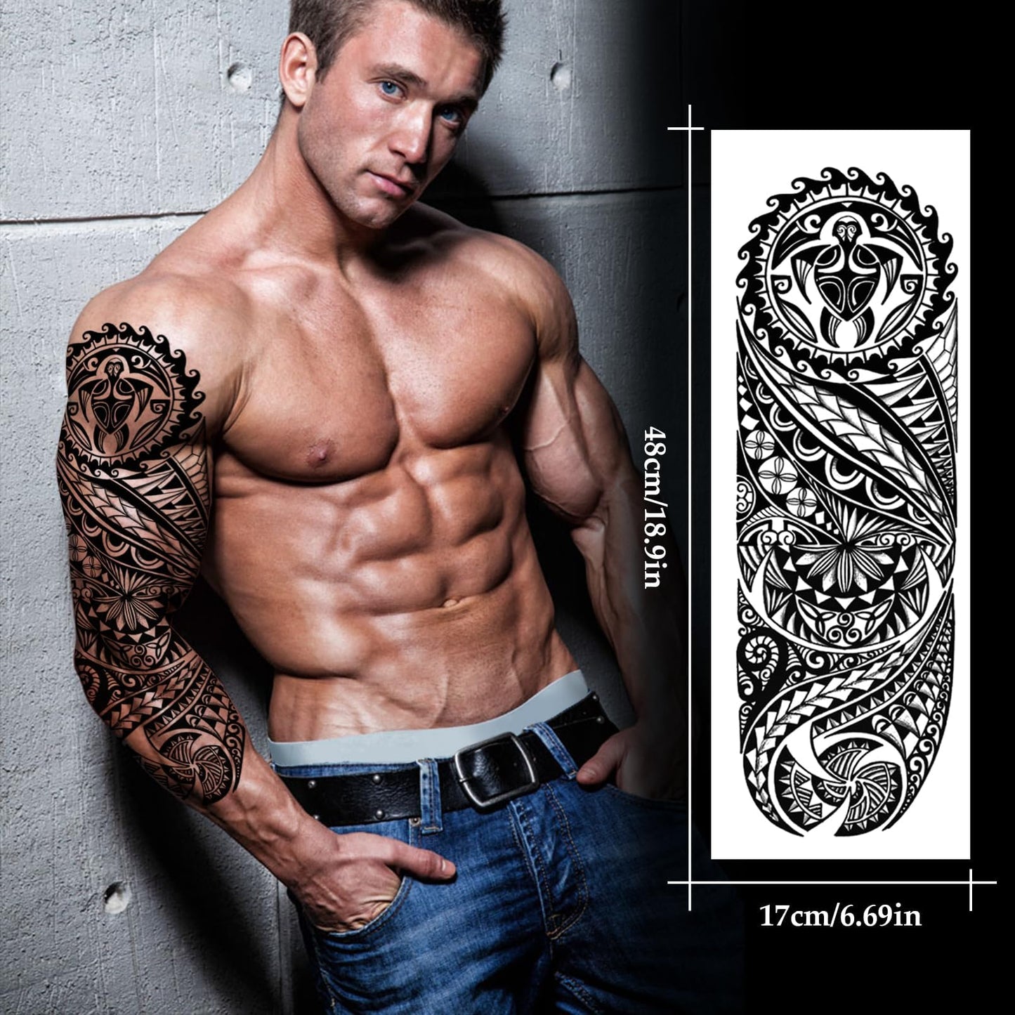 VERKSTAD 8 Sheets Black Full Arm Temporary Tattoos for Men Adults, Temp Millitary Sleeve Tattoo For Women, Waterproof Totem Body Arm Chest Shoulder Tortoise Dragon Fake Scary Tattoo Stickers Animal