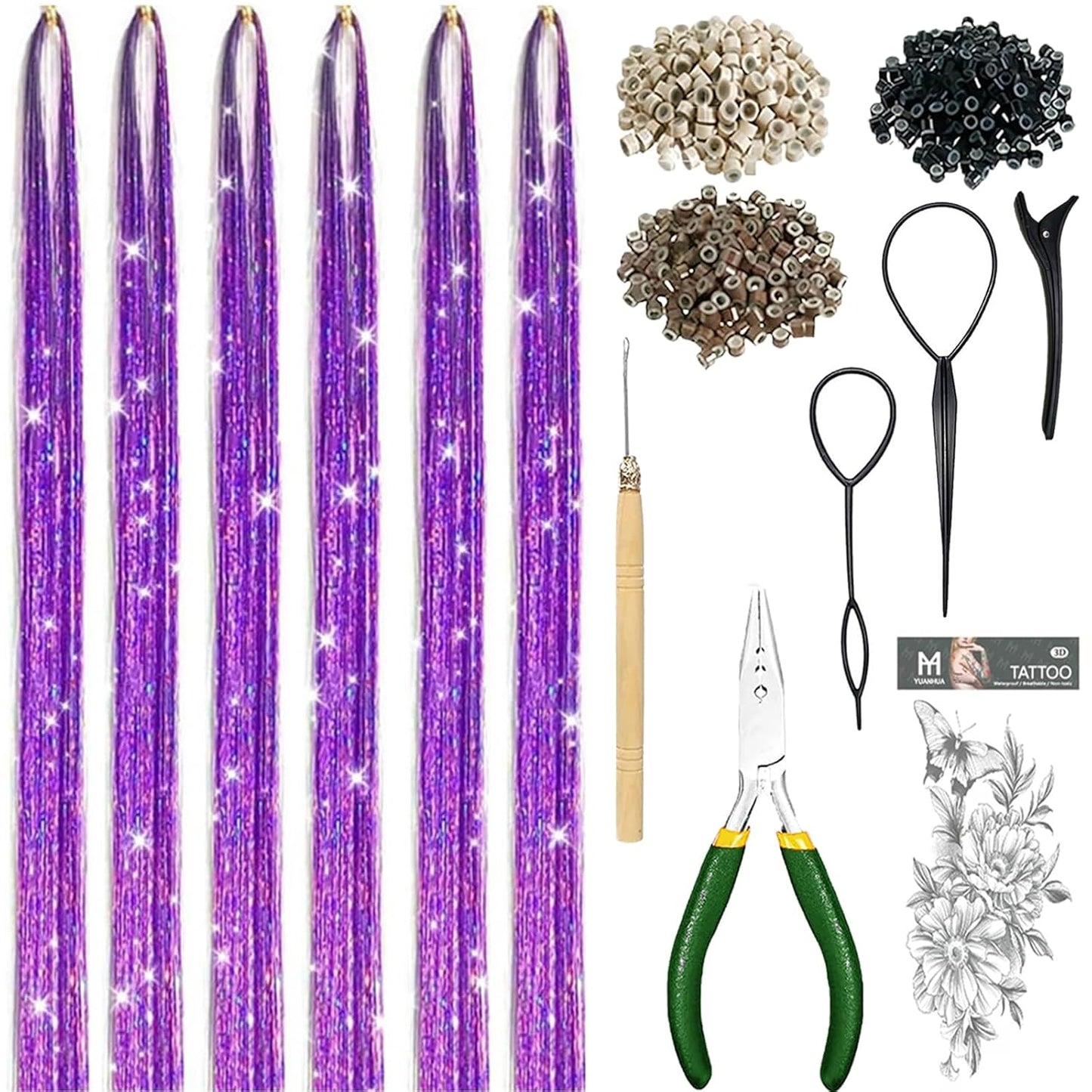 Hair Tinsel Kit - Holographic Hair Extensions with 8600 Strands | 18 Colors, 48 Inch, Heat Resistant Sparkling Glitter for Parties