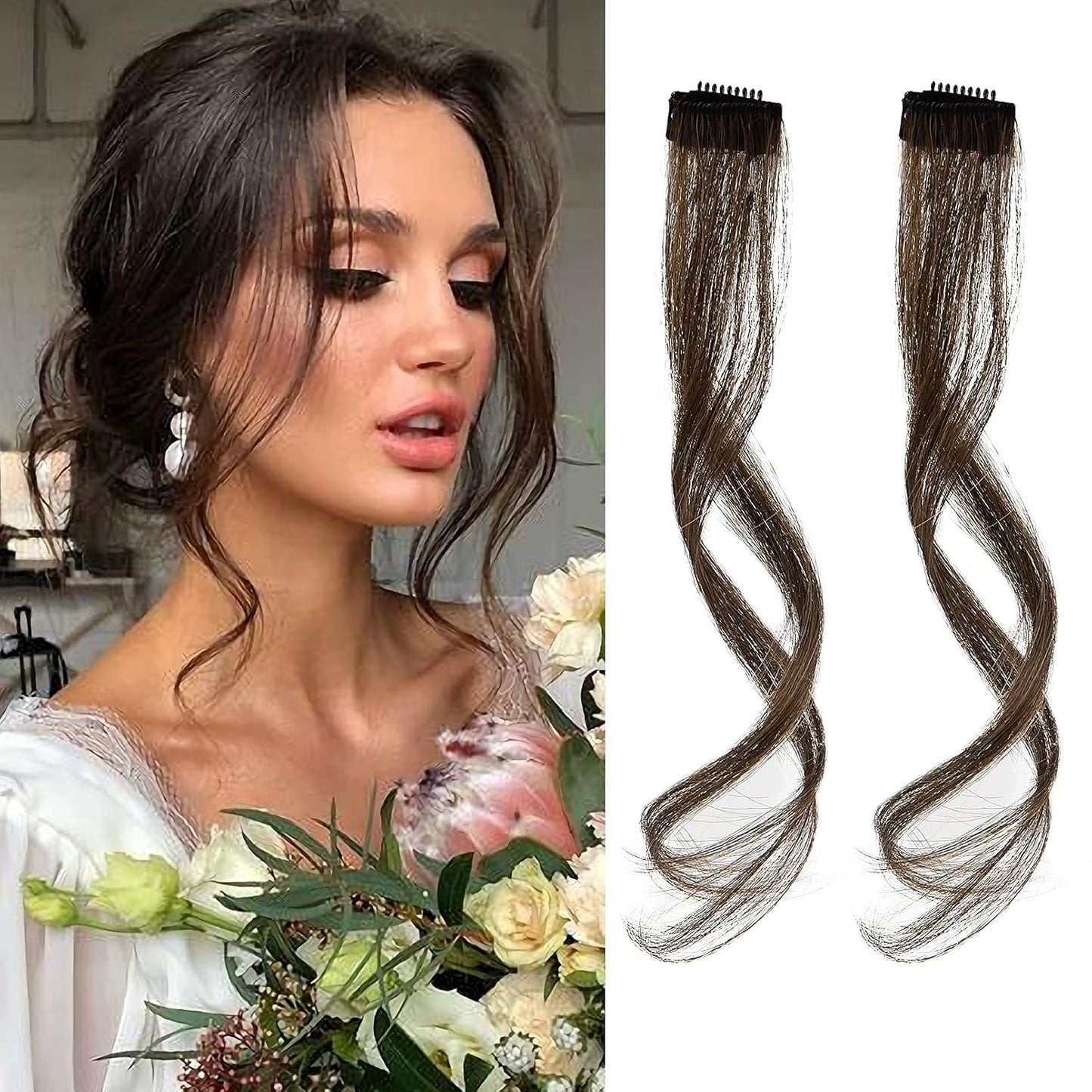 Long Side Air Bangs - Wavy Curly Clip-In Curtain Bangs for Women | 12 Inch Face-Framing Highlights in Grey/Brown/Silver/White