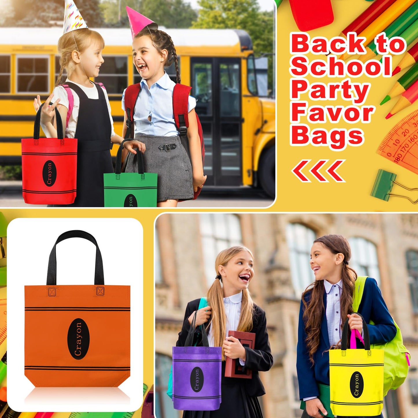 Hosuly 24 Pcs Back to School Gift Bags Crayon Tote Bags End of Year Bulk Goodies Decor for Teacher Appreciation Preschool Kindergarten Graduation Party Supplies