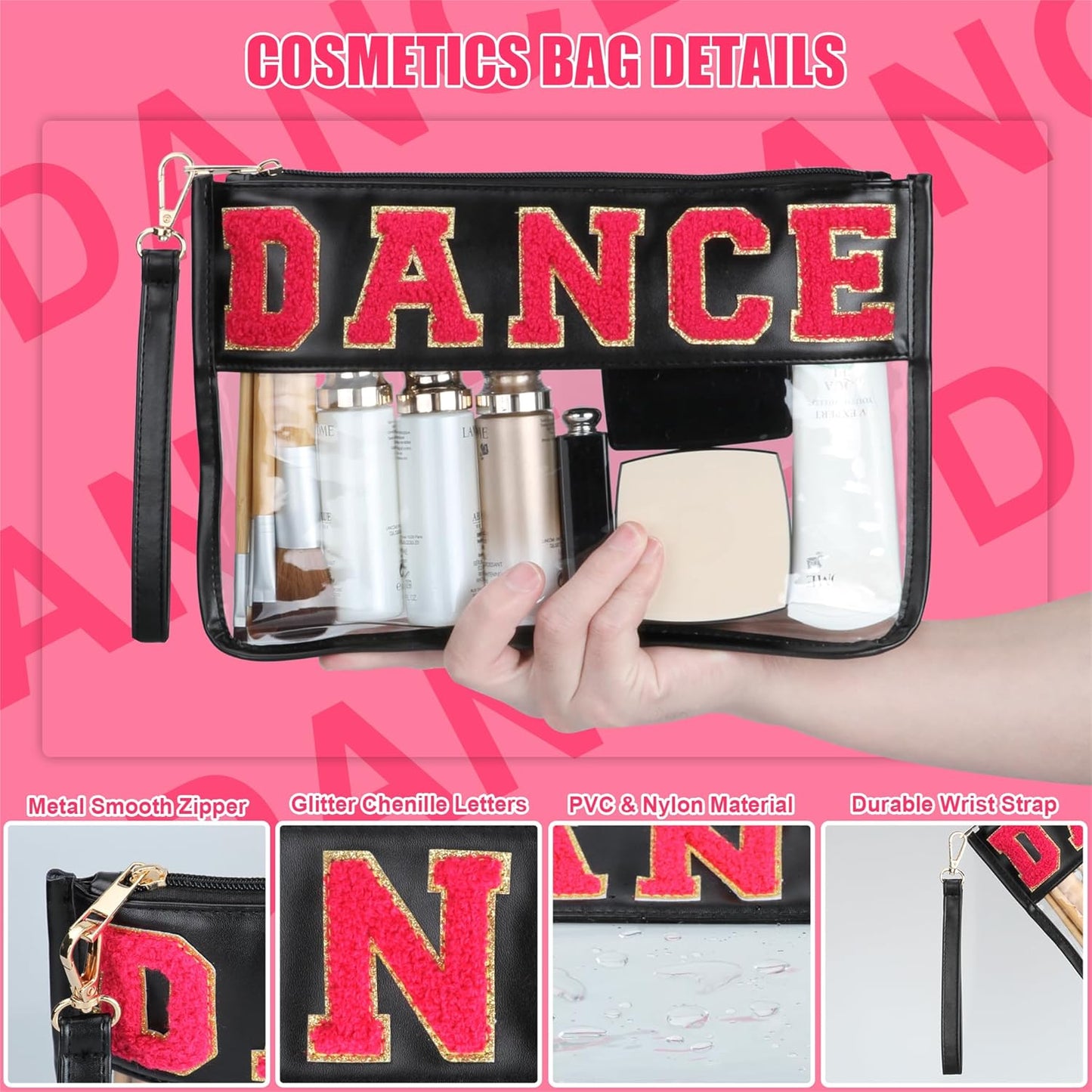 Dance Recital Gifts - Clear Makeup Letter Bag with Chenille Patch | Waterproof Cosmetic Pouch for Girls & Women