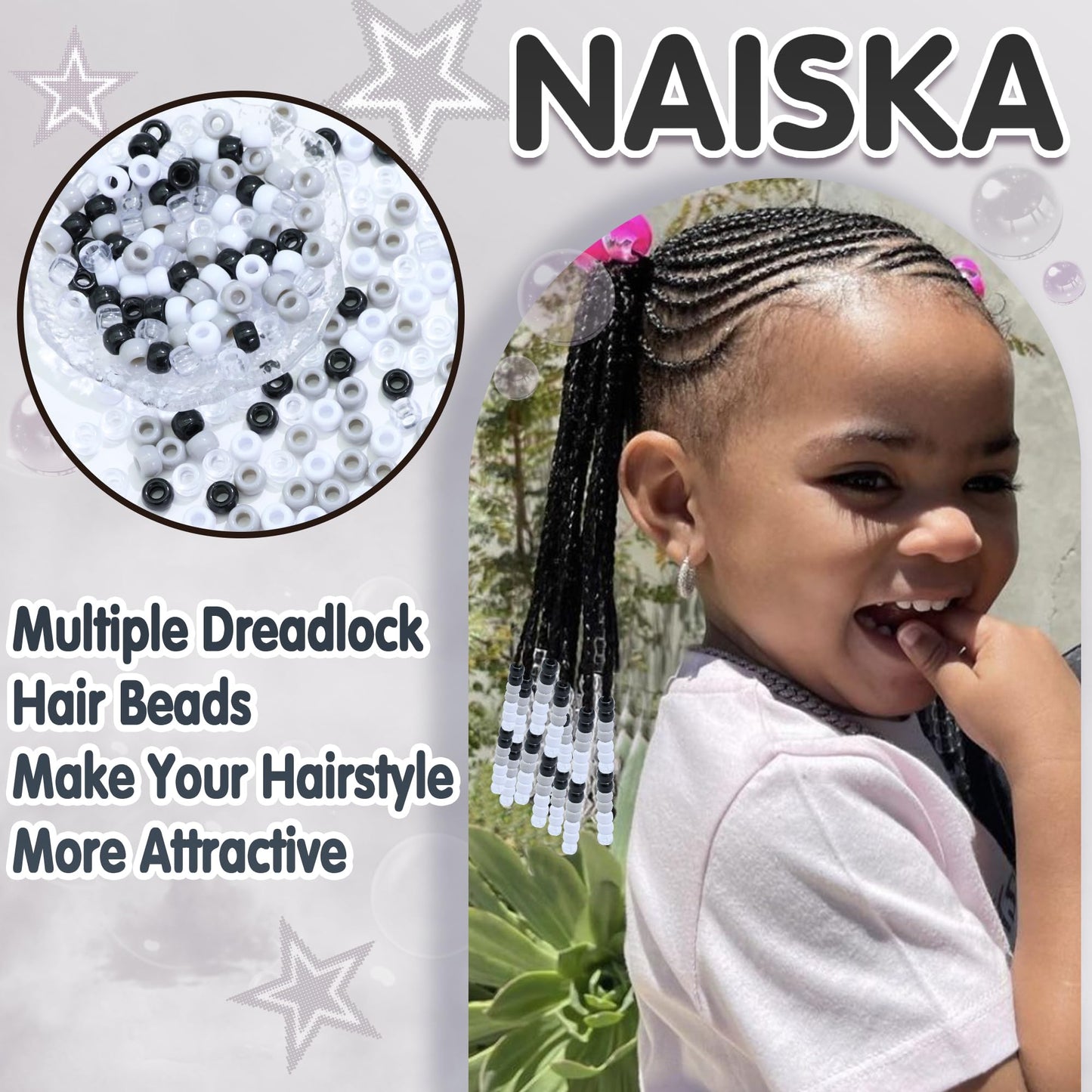 NAISKA 200PCS Black Pony Bead White Gray Hair Beads for Locs Small Flat Braids Beads 4 Colors Hair Accessories for Kids Girls Boys