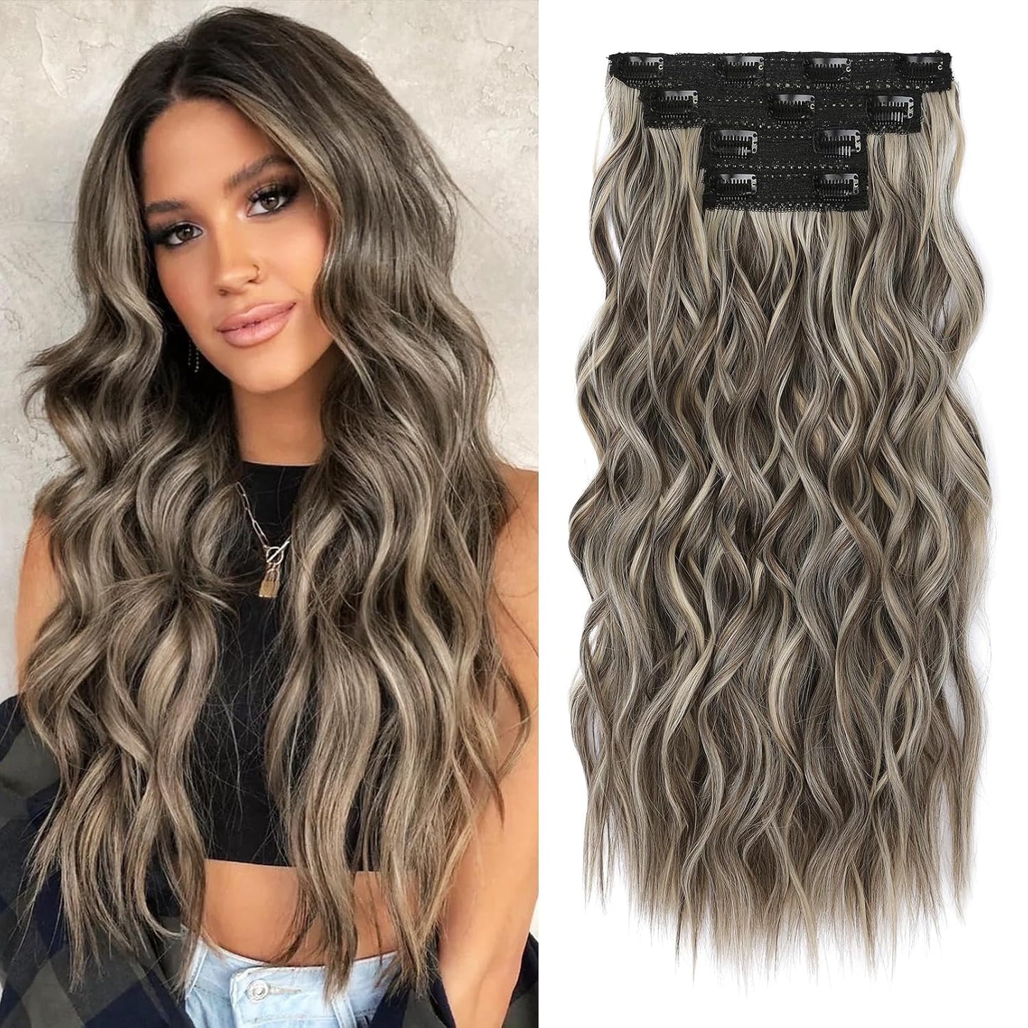 REECHO Clip-In Hair Extensions - 24" Thick Blonde Beach Waves | Invisible Lace Weft, Natural Soft Hairpieces for Women