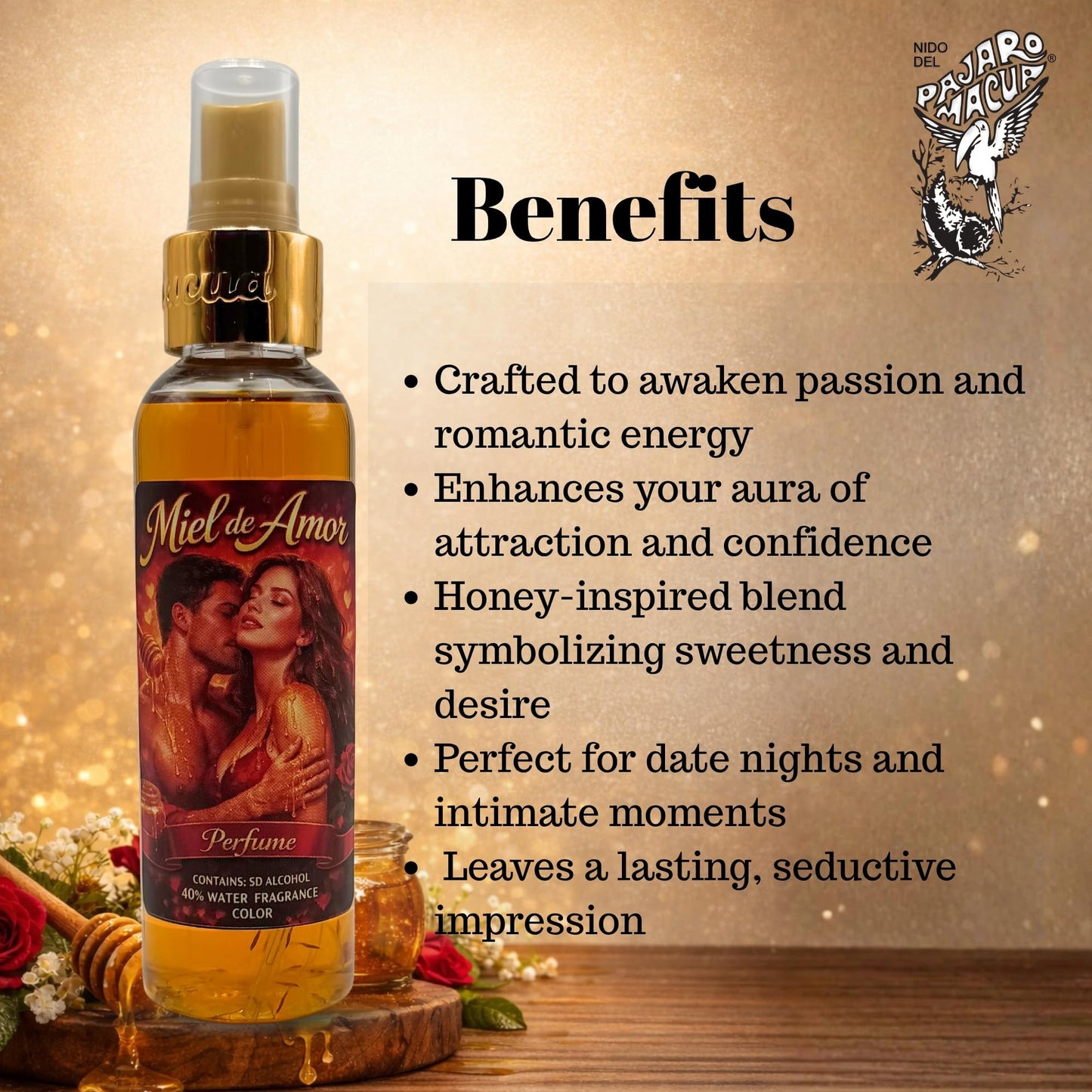 NIDO DEL PAJARO MACUA Miel de Amor Perfume with Pheromones for Attraction & Love – Honey of Love Perfume with Pheromones – Romantic Scent – Sweet Perfume for Men & Women – 4 oz