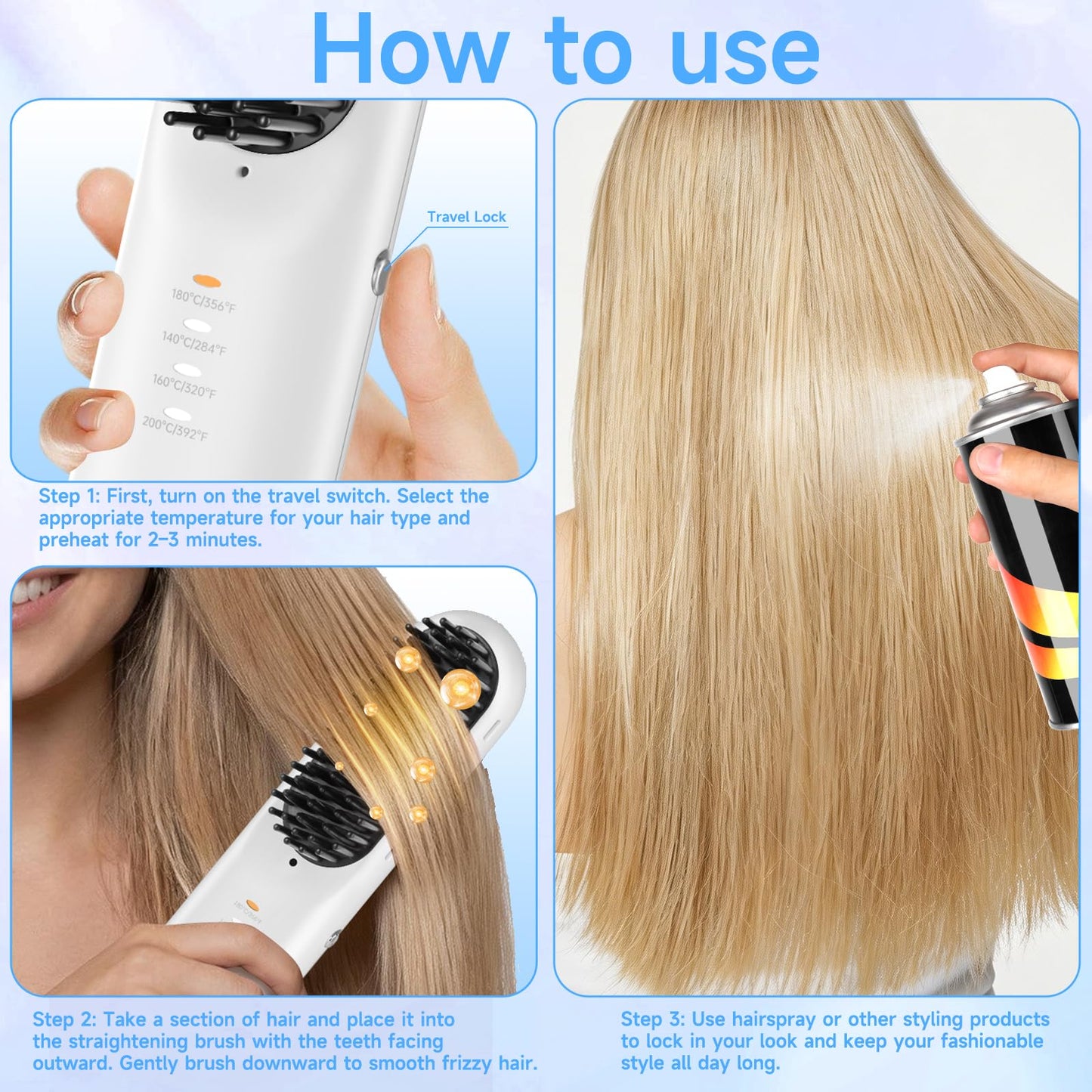 Cordless Hair Straightener Brush – Go Brush Pro for Short Hair with 4 Temp Levels, Anti-Scald Design, Portable Straightening Comb for Smooth, Frizz-Free Styling at Home or Travel (White)