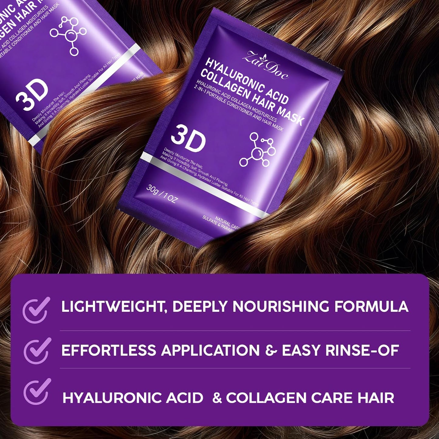 Portable Hair Conditioner Mask - 2-in-1 Hyaluronic Acid & Collagen | Deep Moisturizing Treatment for Dry, Damaged Hair - Travel Size 1oz