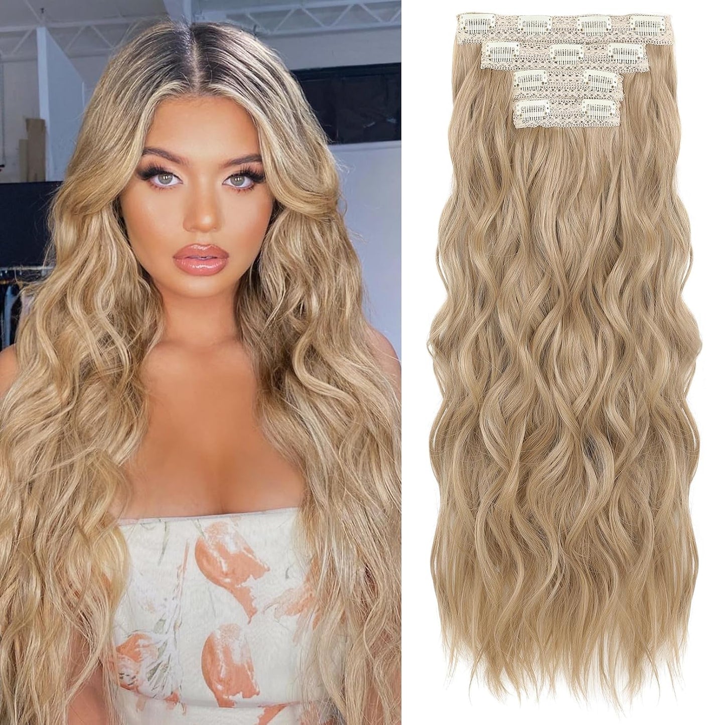 REECHO Clip-In Hair Extensions - 24" Thick Blonde Beach Waves | Invisible Lace Weft, Natural Soft Hairpieces for Women
