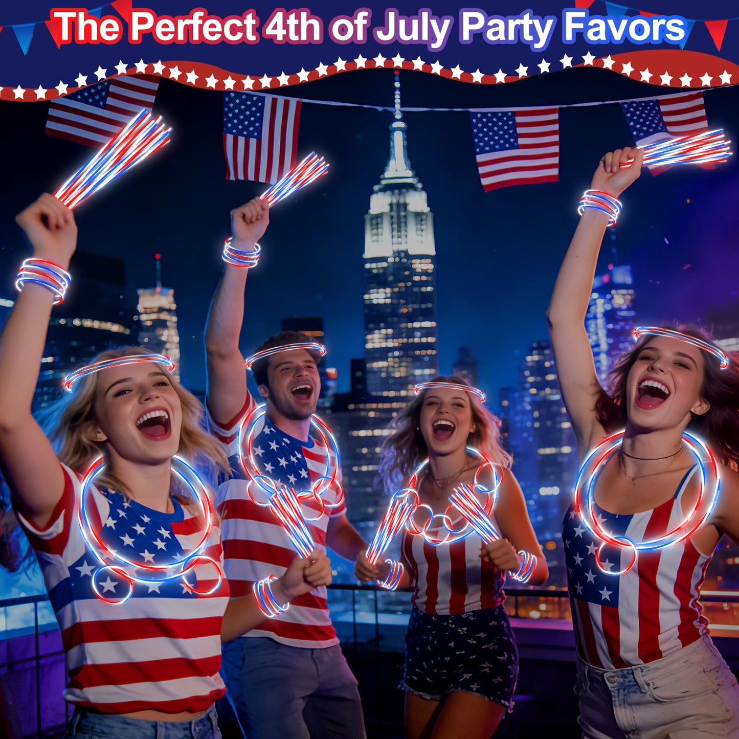 200 PCS 4th of July Glow Sticks Bulk with Connectors,Red White Blue 3 Colors In 1 Glow in The Dark Stick, Light Up Bracelets & Necklaces for Kids & Adults, 250th Anniversary USA Party Favor Supplies
