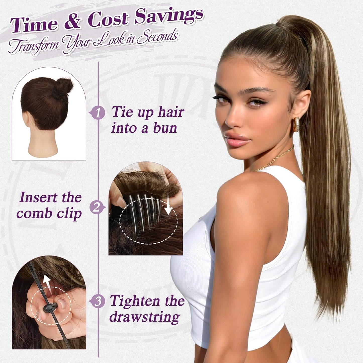Straight Drawstring Ponytail Extension - 22 Inch Natural-Looking Layered Soft Synthetic Hairpiece | Brown with Blonde Highlights