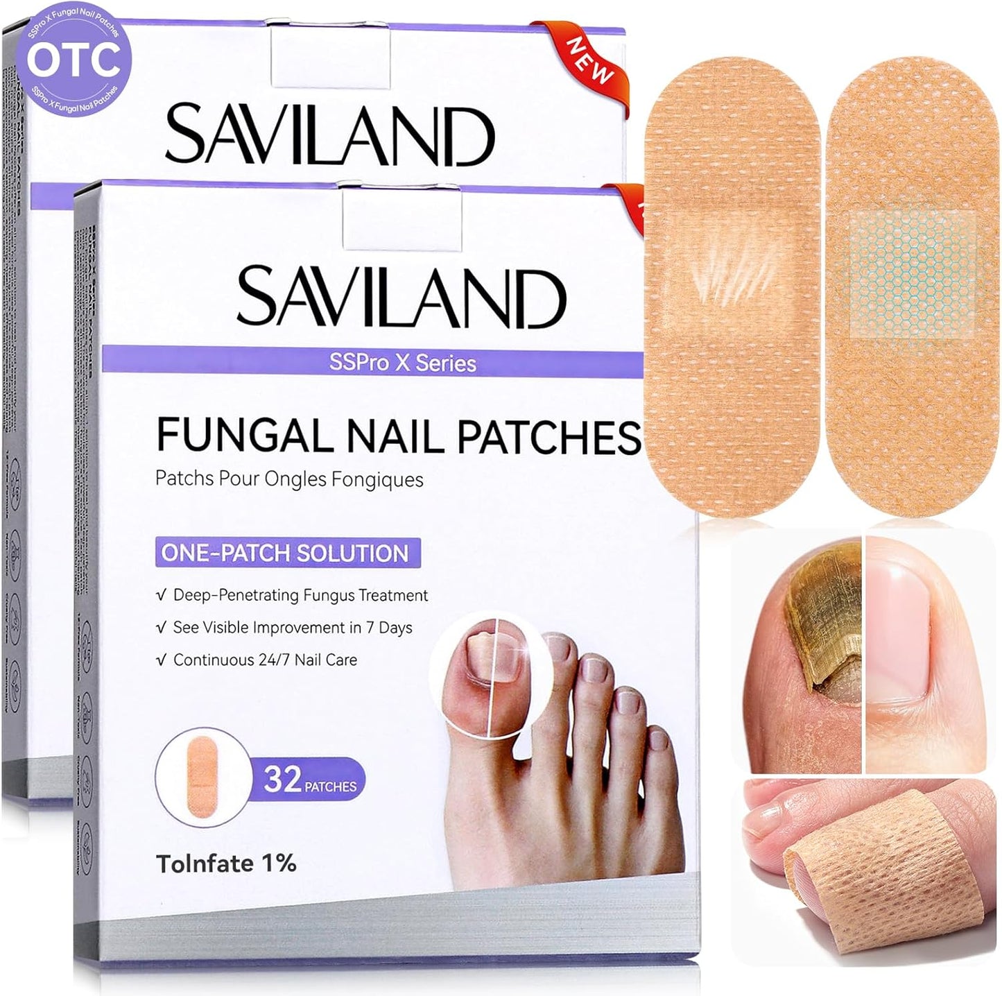 SAVILAND Fungal Nail Patches - 32 PCS Extra Strength Toenail Treatment | 8H Overnight Repair for Damaged Nails