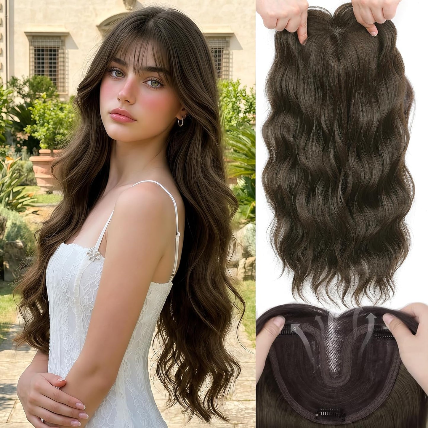 Hair Topper for Women - 16 Inch Synthetic Curly Wavy Clip-In with Curtain Bangs | Natural Looking Dark Brown Volume Piece