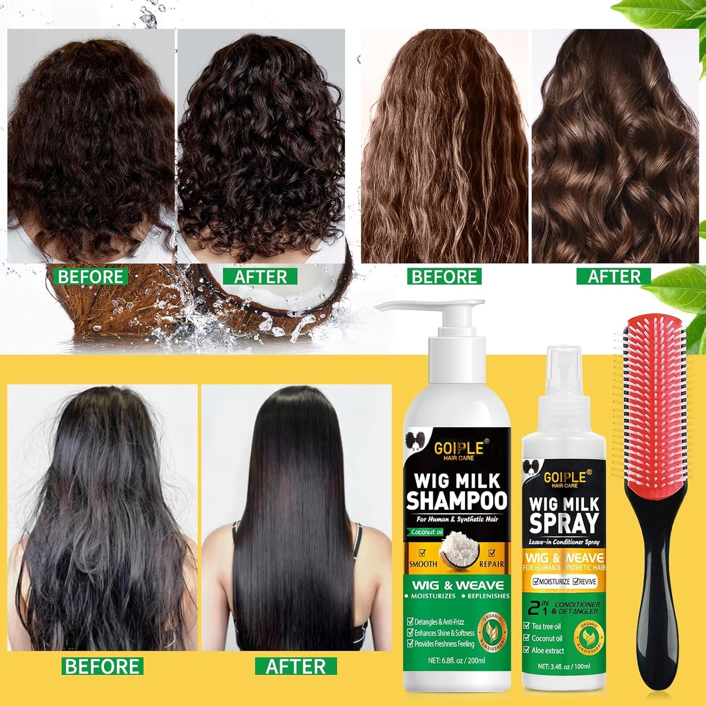 Wig Shampoo & Conditioner for Synthetic Wigs - Hydrating Detangler & Anti-Frizz Spray | 2-in-1 Moisturizer