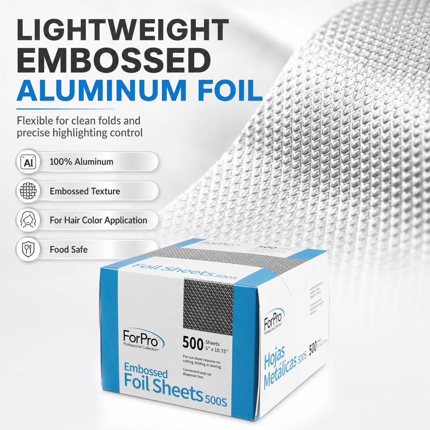 ForPro Professional Embossed Pop-Up Hair Foil Sheets for Salon Hair Color & Highlights, Pre-Cut Aluminum Foils, Non-Slip Embossed Texture, 5" W x 10.75" L, 500-Count
