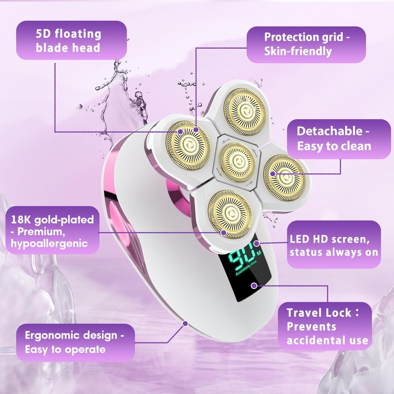 Electric Razors for Women-5D Floating Head IPX7 Waterproof Wet Dry Leg Hair Trimmer, USB-C Rechargeable 90Min Battery, Gentle Facial Bikini Hair Removal with LED Display & Travel Lock