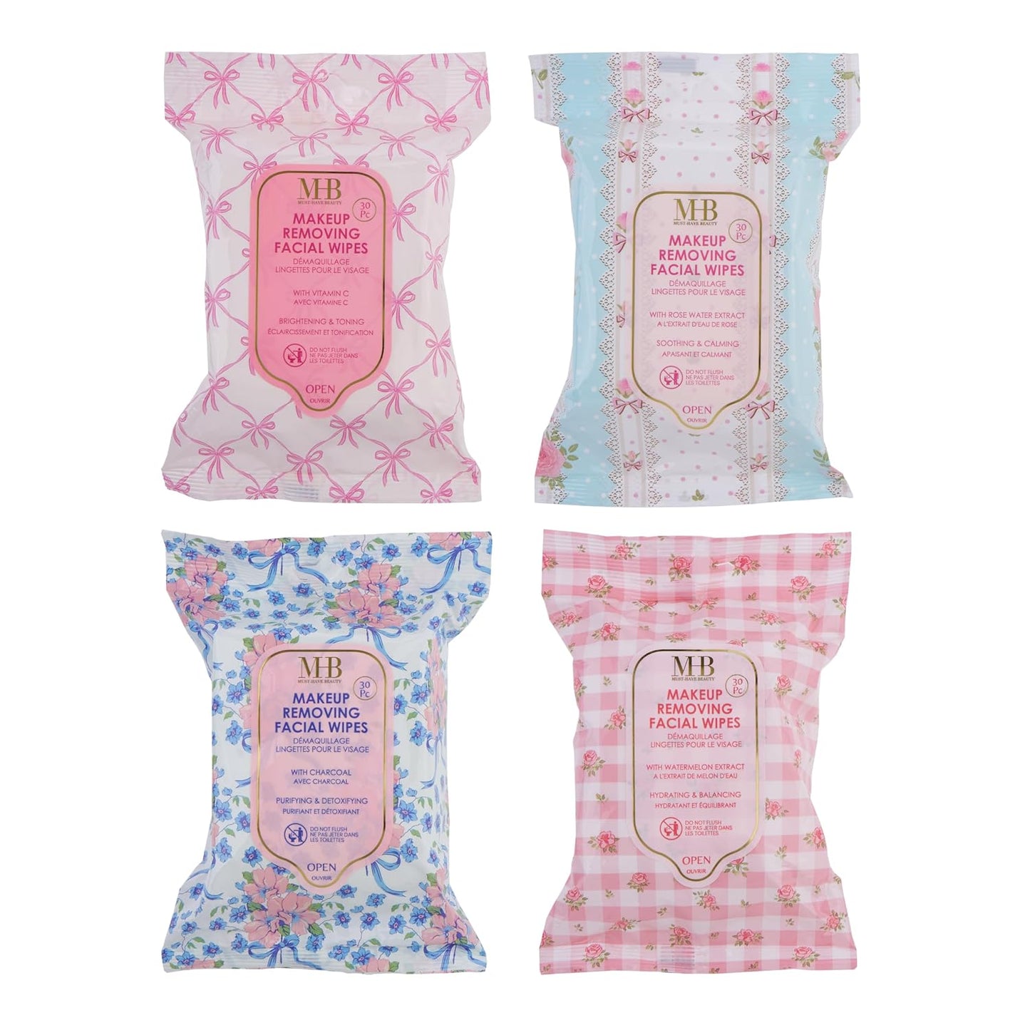 Makeup Removing Facial Wipes - 120pc Variety Pack with Watermelon, Charcoal, Vitamin C & Rose Water | Hydrating & Purifying Towelettes