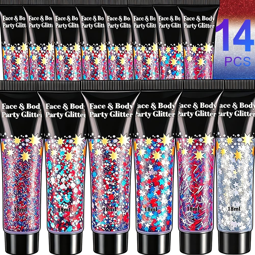 AROIC Body Glitter Gel Set - 14 Vibrant Colors for 4th of July & Festivals | Eye & Hair Shimmer Makeup - 18ml Tube