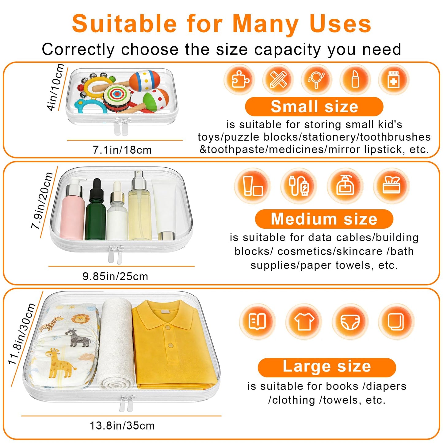 3PCS Clear Hard Shell Zipper Case,Toy Organizers and Storage Box,Clear Toiletry Cosmetic Case,Travel Makeup Bags,Diaper Bag Organizer,Pencil Case,Medium Stackable Portable Zipper Pouches 9.85*7.9*2 IN