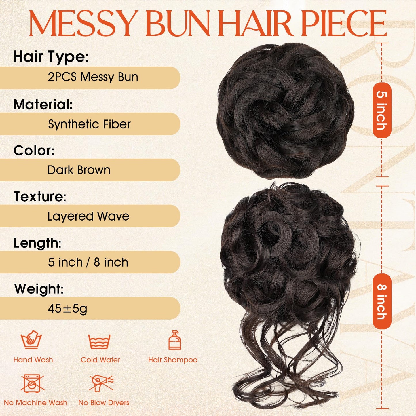 RONTAYA 2PCS Messy Bun Hair Piece Wavy Curly Synthetic Updo Chignon Fake Scrunchies Ponytail Extension for Women Dark Brown