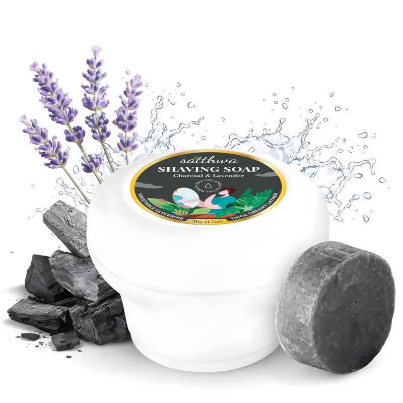 Satthwa Organic Shaving Soap Puck infused with Charcoal & Lavender | Create the Perfect Lather | Excellent for Silky Smooth Shaves | Cleansing & Nourishing, For Men & Women - 50gx2 (1.7oz x2)