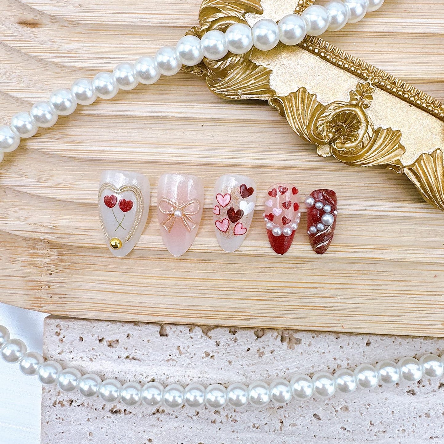 Valentine's Press-On Nails - 30 Pcs Short Almond Red French Tip with Pearl & Gold Bow | Romantic Heart Acrylic Set